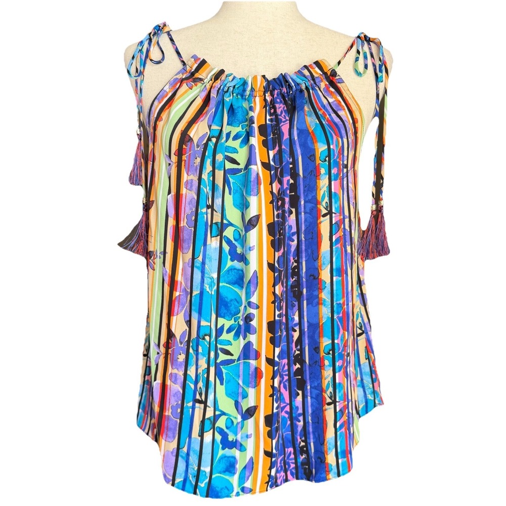 Laundry By Shelli Segal Vibrant Accordion‎ Tank Top Sz XS Flowy Tassels Pleated